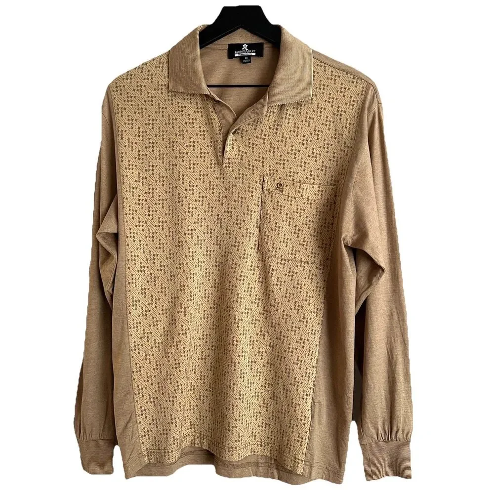 Vintage Montagut Paris Mens Long Sleeve Polo Size 48 Tan